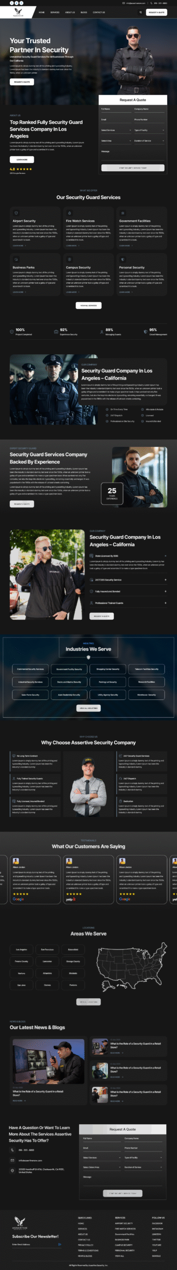 A screenshot of the American Secure Company website homepage, which details their armed and unarmed security guard services in California and includes client testimonials.