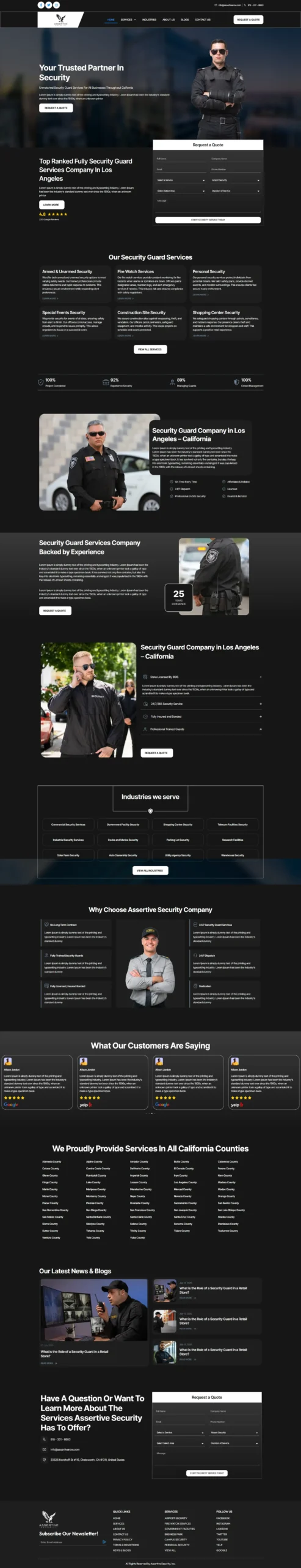 American Secure Company website homepage, which details their armed and unarmed security guard services in California and includes client testimonials.