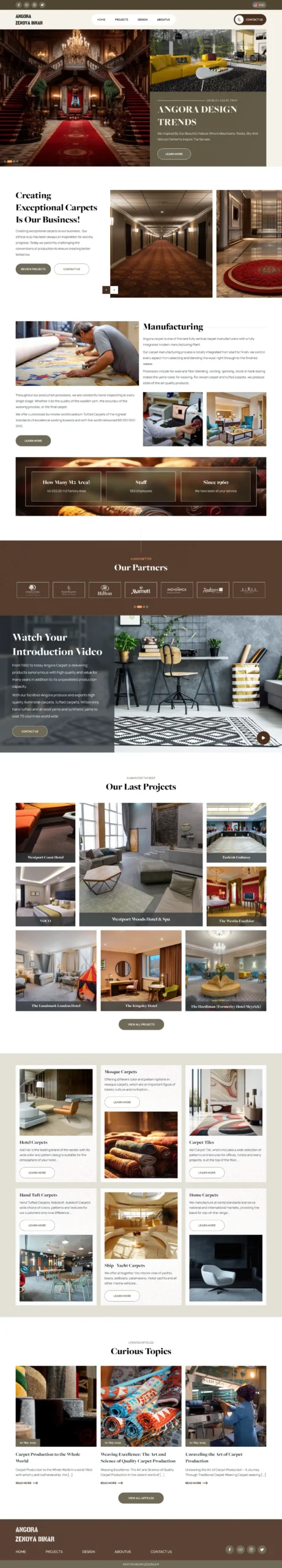 The homepage for Angora, a luxury brand that designs and manufactures custom carpets, showcasing their manufacturing process, design trends, and a portfolio of past projects.