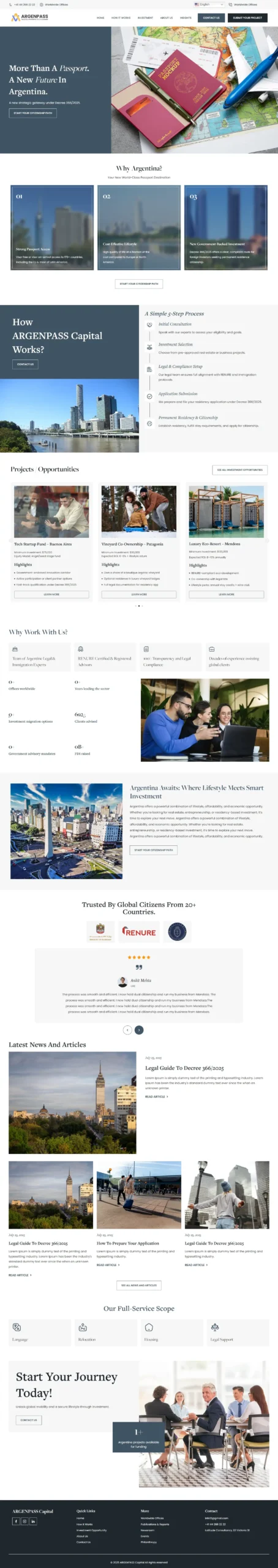 onsultancy service for the Argentine Investor Visa, showing the application process, benefits of choosing Argentina, and client testimonials.