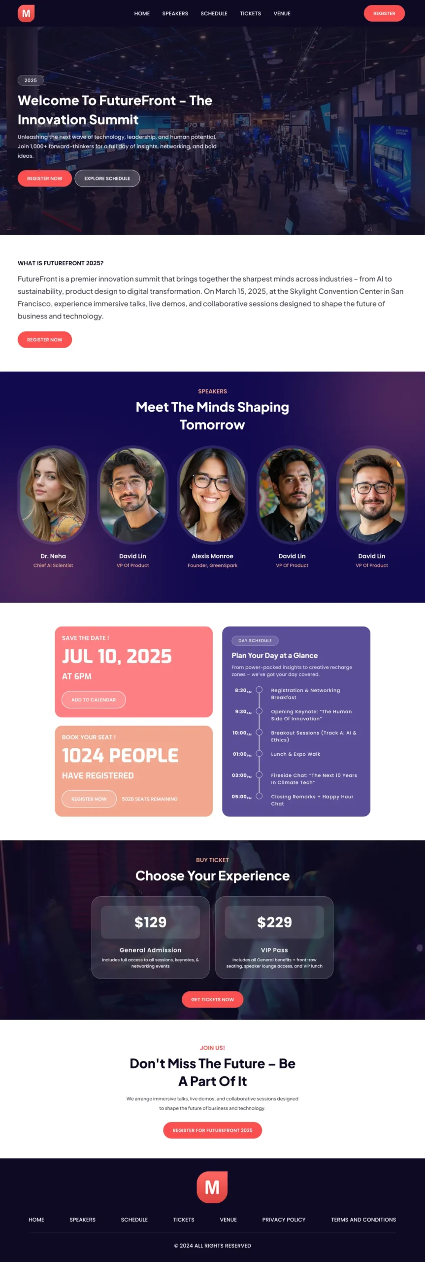 The official website for the "FutureFront Innovation Summit" event, showing the date, speakers, agenda, and options for ticket registration.