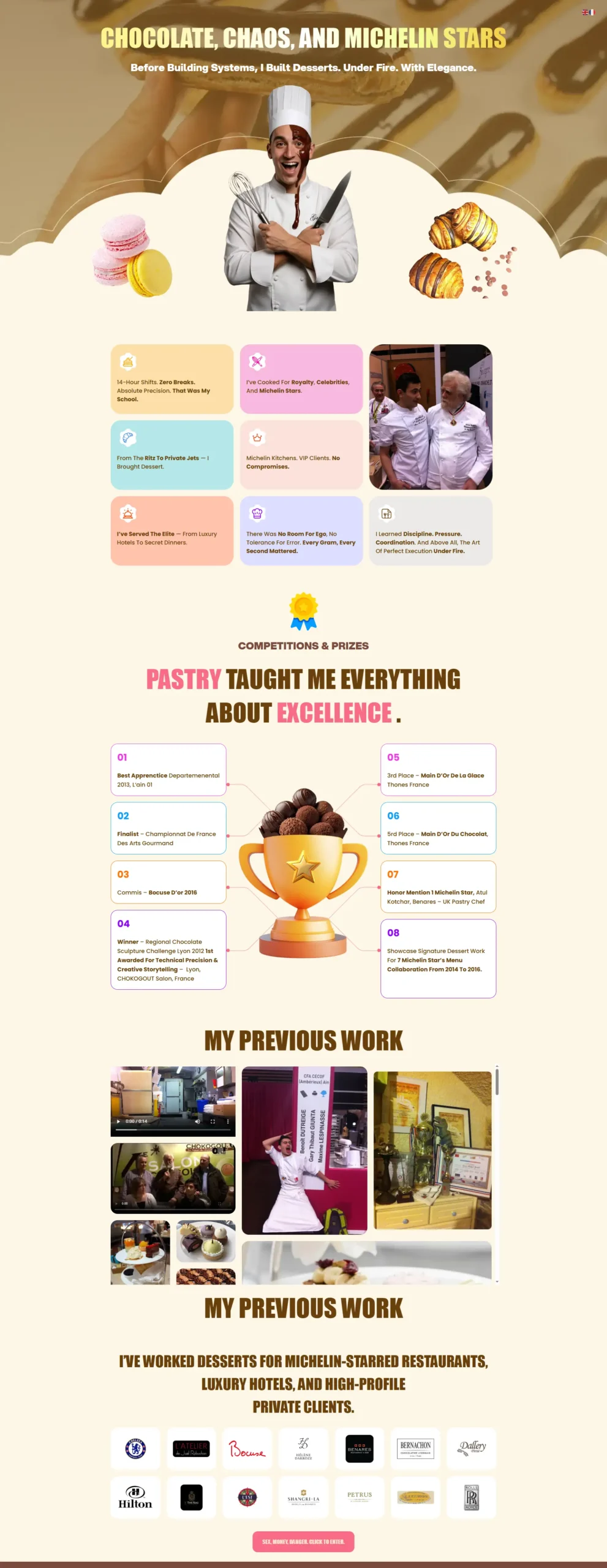 A portfolio page from the "Gary Vision" website, showcasing his career as a pastry chef. The page lists his awards, high-profile clients, and features images of his culinary work.
