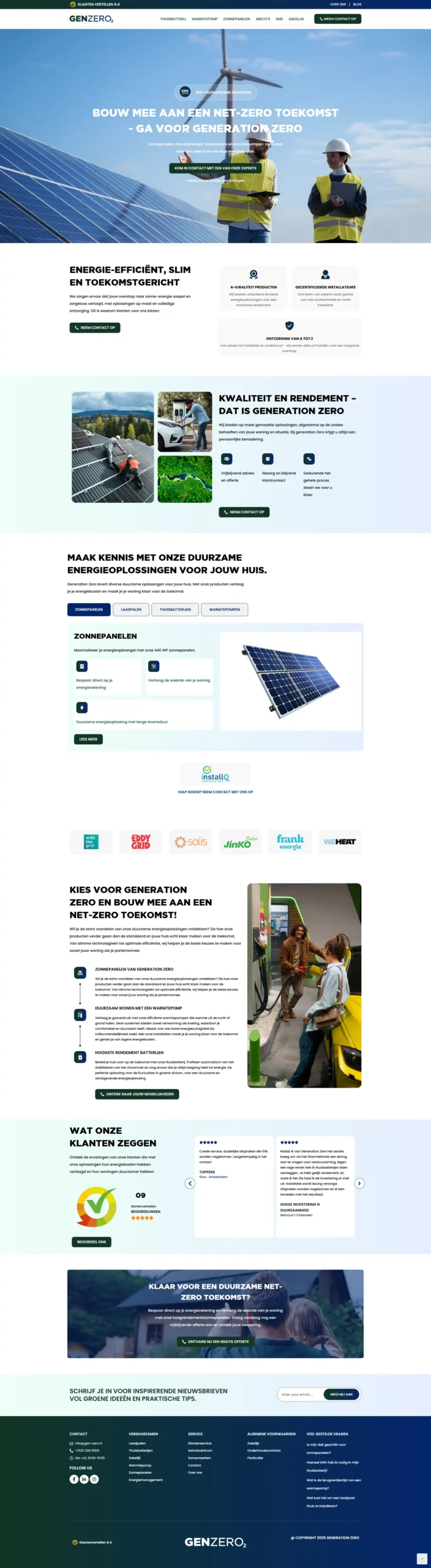 The homepage of the Dutch company Gen-Zero, which offers sustainable energy solutions for homes, such as solar panels, to achieve a net-zero future.