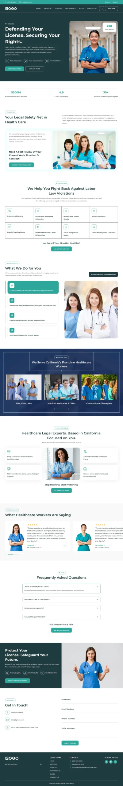 The homepage for a law firm specializing in defending the professional licenses of nurses and other healthcare workers against accusations.