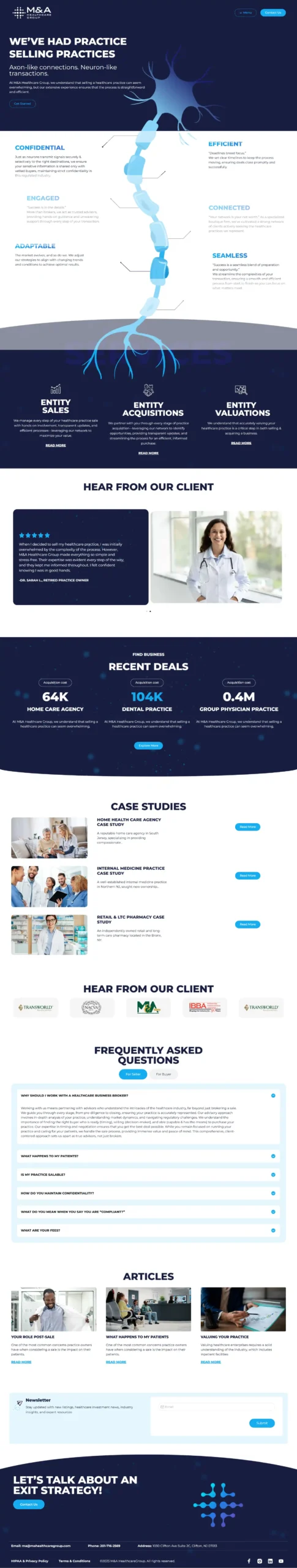 M&A Healthcare Group, a firm that specializes in buying and selling healthcare practices. The page features client testimonials, case studies, and recent deals.