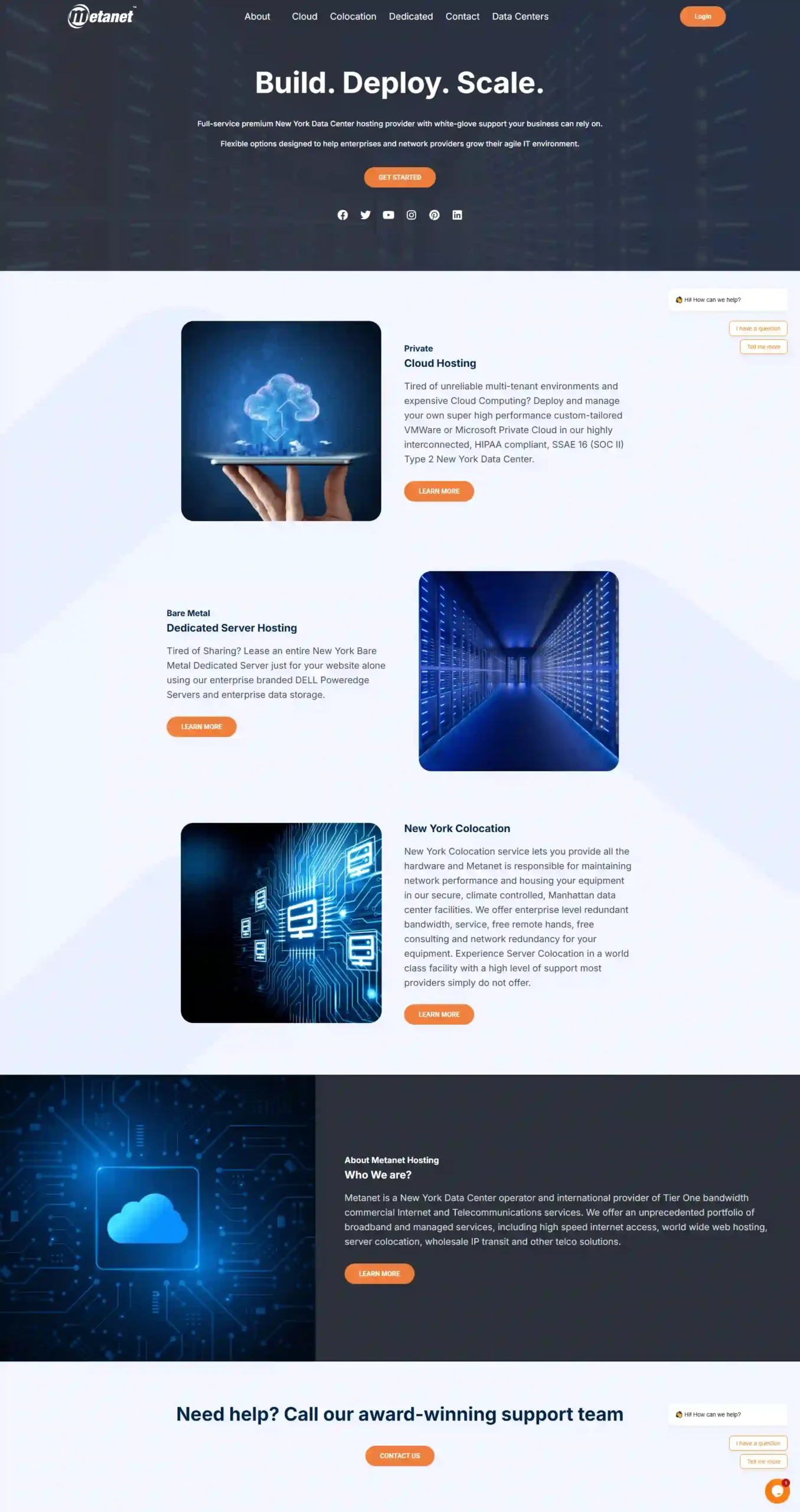 Metanet hosting company homepage, showcasing their data center services including cloud hosting, dedicated servers, and colocation.