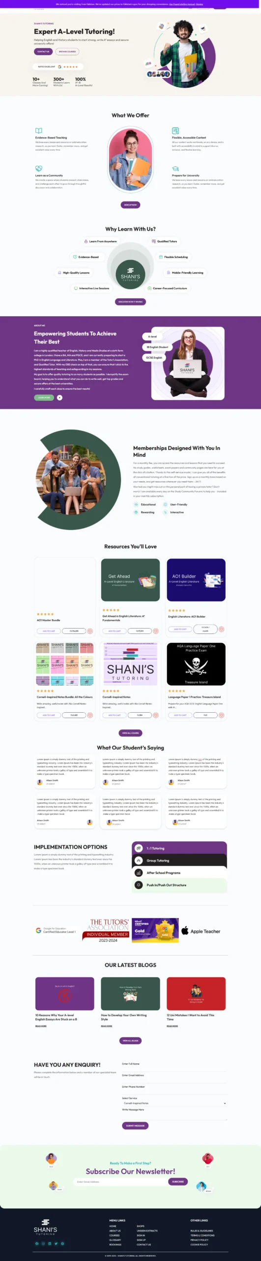 landing page for Shani's Tutoring, a service providing expert A-Level tutoring. The page showcases the subjects offered, testimonials, and payment options.