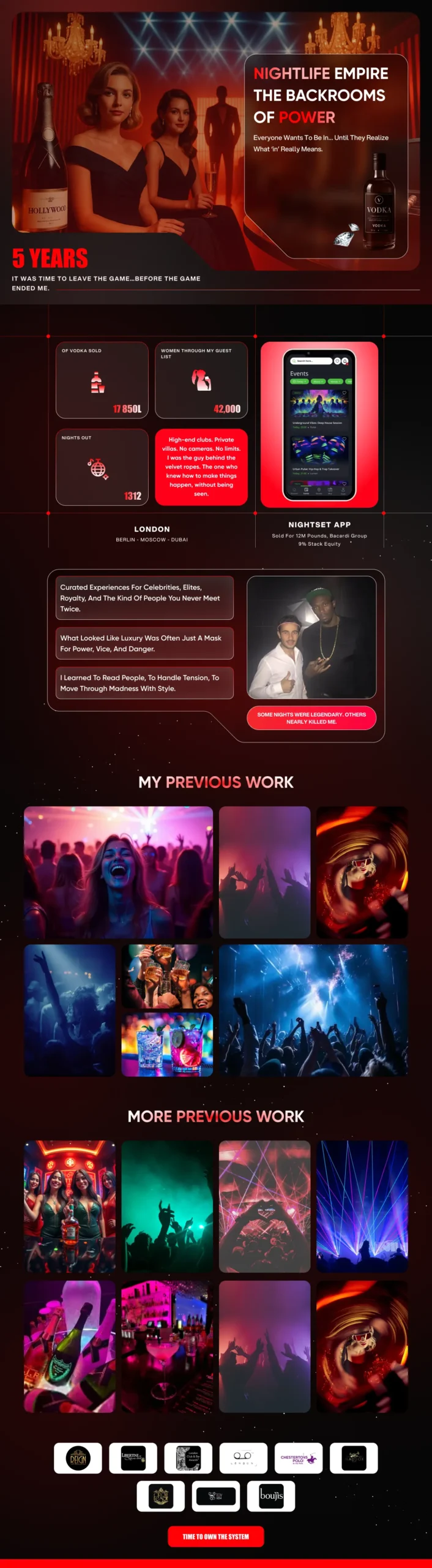 The homepage for "Signature Empire," a luxury nightlife and events brand. The page showcases their philosophy, a mobile app preview, and extensive photo galleries of past parties and concerts.