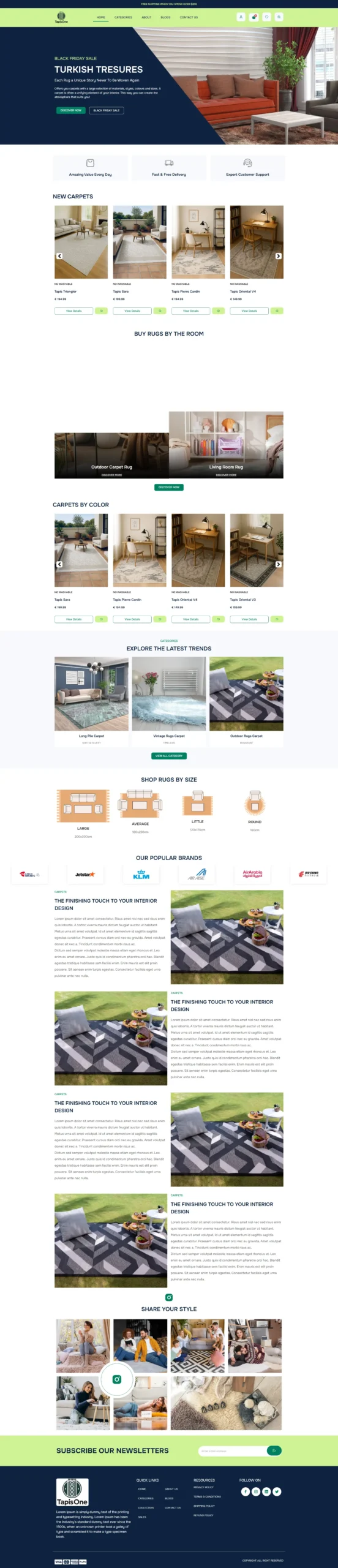 The homepage of Tapis One, a French e-commerce store specializing in Turkish and Kilim rugs, showcasing various product collections and best sellers.