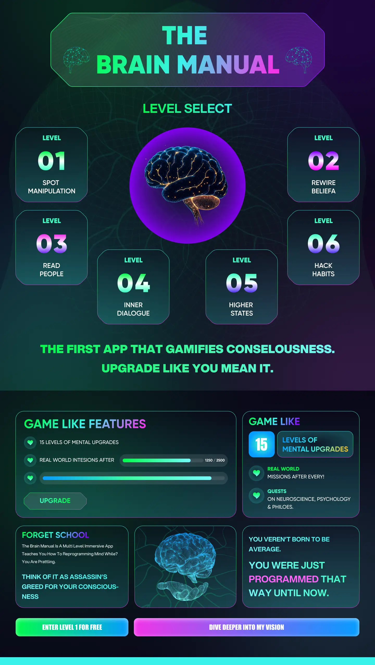 The promotional page for "The Brain Manual," an app that gamifies self-improvement and consciousness by presenting its lessons as selectable levels in a video game.