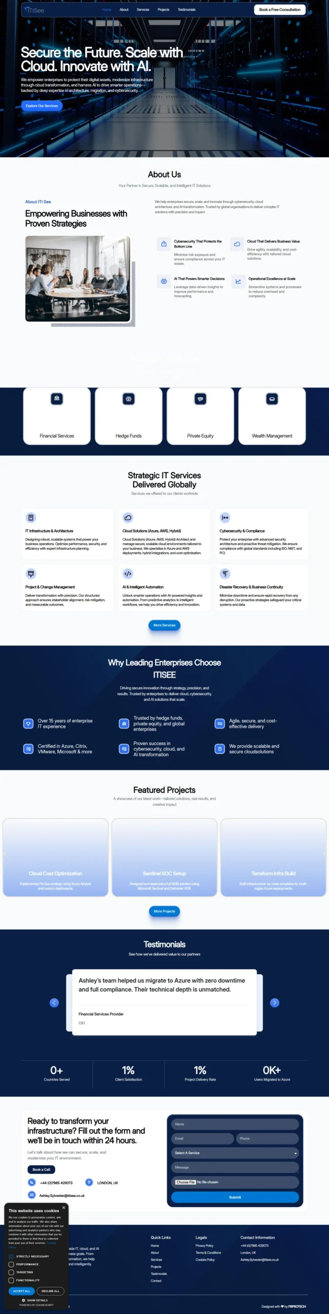 The homepage for itisee, an IT services company, detailing their strategic solutions in cloud, AI, and cybersecurity. The page includes featured projects and client testimonials.